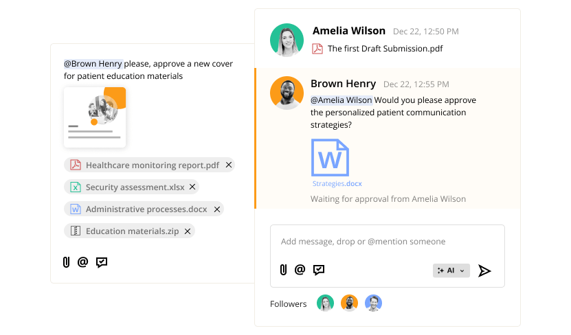 Collaboration interface showing message exchanges between team members with file attachments, image approval request, and a comment box with @mentions and upload optionsn
